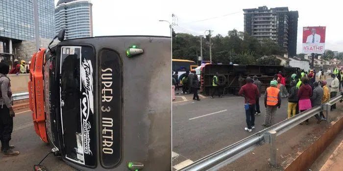 PSV madness! Another matatu overturns at  Nairobi Expressway Entrance