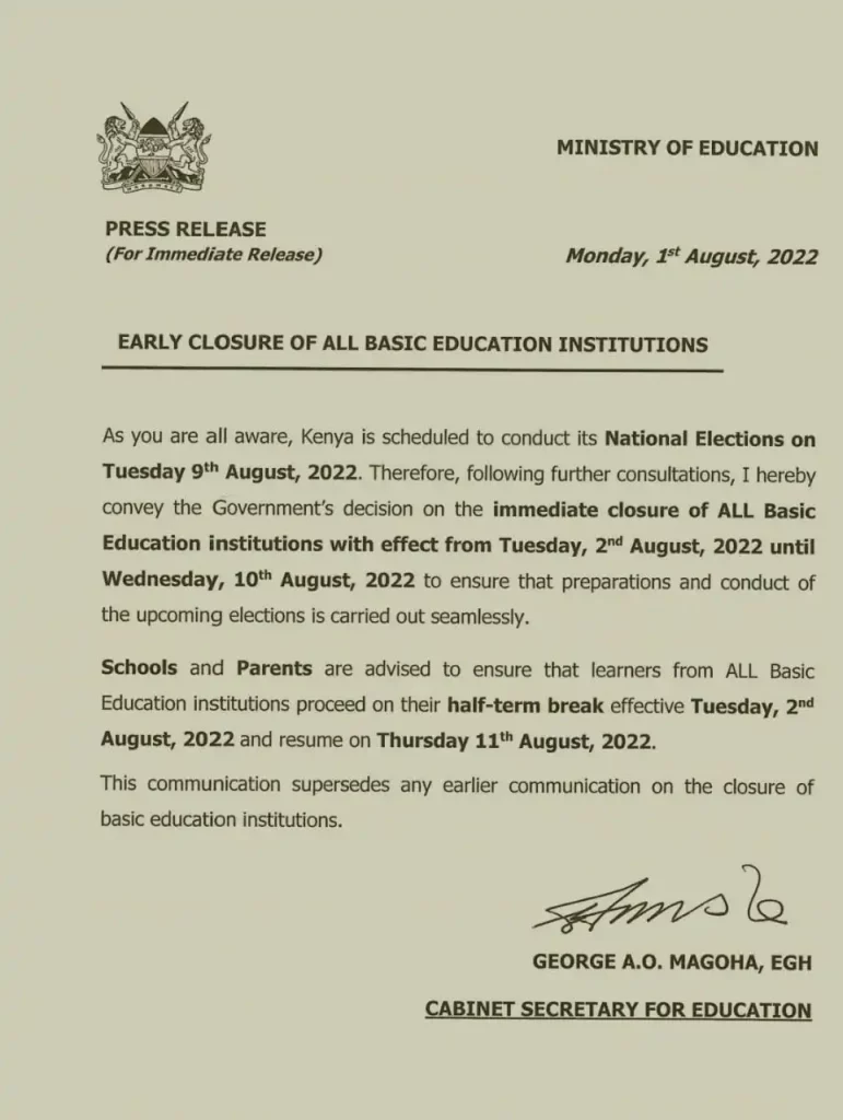 Education CS Magoha's press Release.