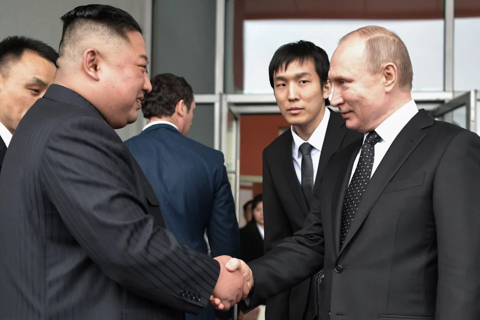 N. Korea supplies Russia with Weapons as Ukraine War takes toll 
 Left to Right: North Korea President Kim Jong-un and Russian President Viladimir Putin meeting in dining hall.
