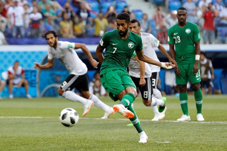 Saudi Arabia’s Salman al-Faraj scores against Egypt at the 218 World Cup, Russia (Photo: Darren Staples/Reuters) 