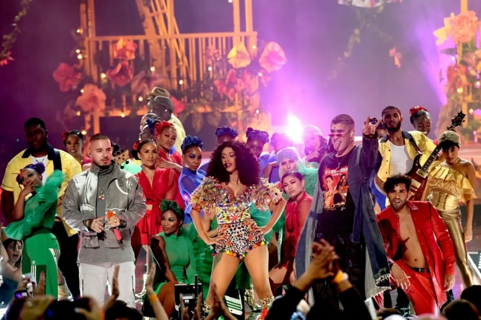 (L-R) J Balvin, Cardi B, and Bad Bunny perform onstage during the 2018 American Music Awards at Microsoft Theater on October 9, 2018 in Los Angeles, California. (Photo: Kevin Winter/Getty Images)