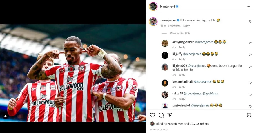Chelsea's Reece James comments on Ivan Toney's post after their Premier League fixture with Manchester City