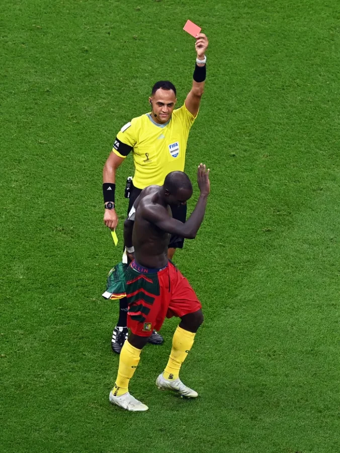 Cameroon goalscorer Aboubakar gets his second yellow in a famous win over Brazil at the 2022 Qatar World Cup (Photo: Neil Hall/EPA)