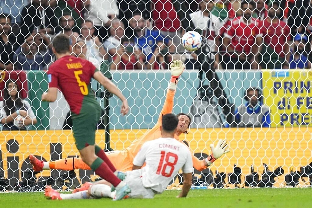 Portugal's Raphael Guerreiro scores against Switzerland in their 2022 Qatar World Cup Round of 16 Fixture (Photo: Courtesy)