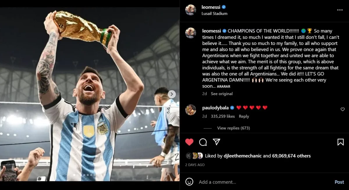 Lionel Messi lifts the World Cup (Photo: Messi/Instagram)