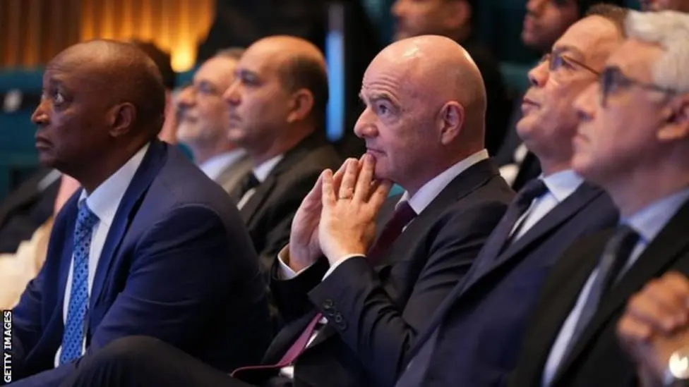 The draw for the 2022 Club World Cup was made in Morocco (Morocco CHAN title defense on the line) on Friday in front of Caf CEO Patrice Musembe (left) and Fifa president Gianni Infantino (centre) (Photo: GETTY)
