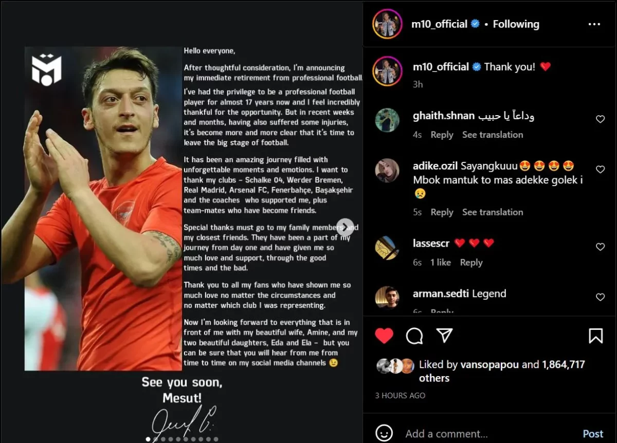 Mesut Ozil announces retirement (Photo: Instagram/m10_official)