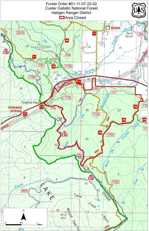 A map showing the emergency closure in place for an area about 8 miles west of West Yellowstone. [Photo/Custer Gallatin National Forest]