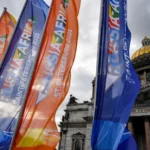 Flags promoting the upcoming second Russia-Africa summit are pictured outside St Isaac's Cathedral in Saint Petersburg on July 25, 2023 [Photo/Courtesy]