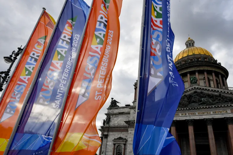 Flags promoting the upcoming second Russia-Africa summit are pictured outside St Isaac's Cathedral in Saint Petersburg on July 25, 2023 [Photo/Courtesy]