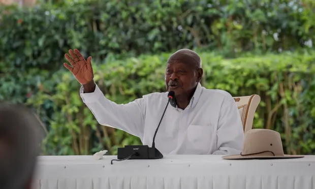 Yoweri Museveni speaking at a press conference in Uganda on Wednesday.He is accused in a case to ICC Photo/Courtesy