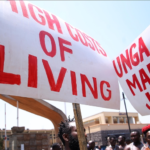 A group of people gather in front of the parliament building to protest against cost of living, high tax rates and poor living conditions, on February 21, 2023 in Nairobi, Kenya. [Photo/Courtesy]