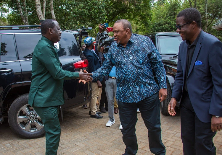 Azimio leader Raila Odinga, former President Uhuru Kenyatta and National Assembly minority leader Opiyo Wandayi at the SKM Centre on July 28, 2023.[Image: AZIMIO]