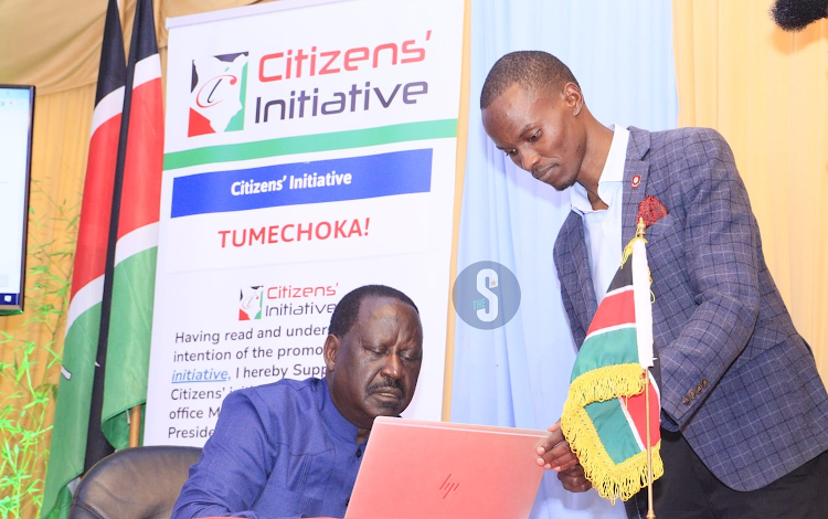 Azimio la Umoja–One Kenya Coalition leader Raila Odinga during the launch of the digital signature platform at SKM Command Centre in Karen on July 11, 2023.[Image/The Star]