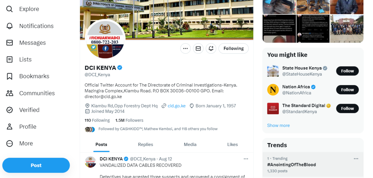 A Snip of Kenya's Director of Criminal Investigation's Twitter Page With a blue checkmarks to confirm its authenticity 