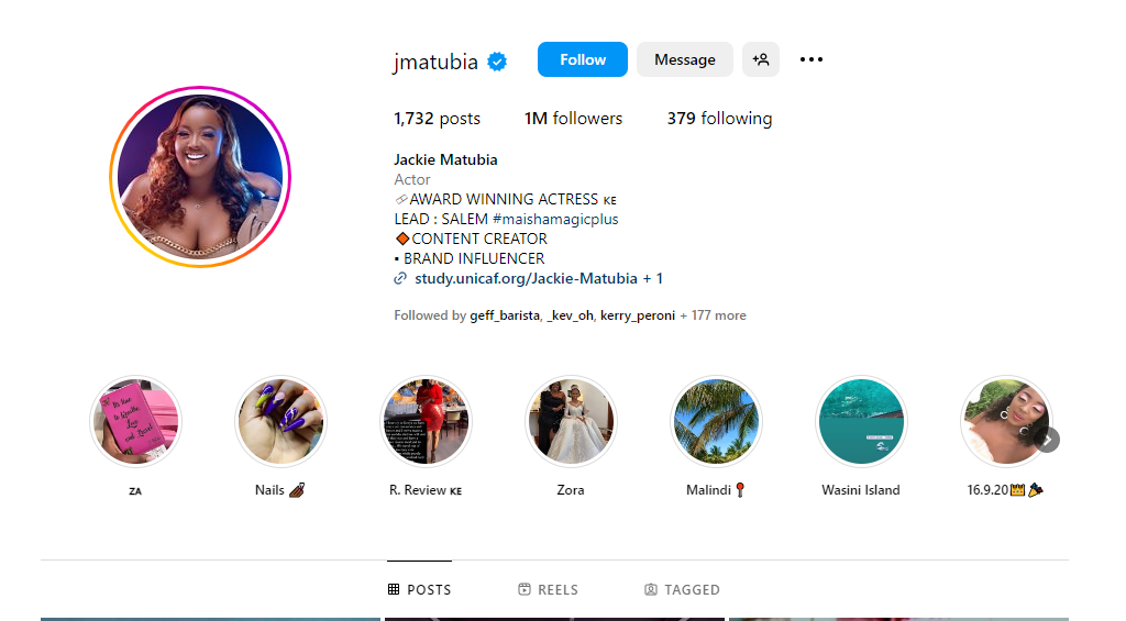 A Snip of Kenyan Actress Jackie Matubia's Instagram Page With a blue checkmarks as a verification form to confirm its authenticity 