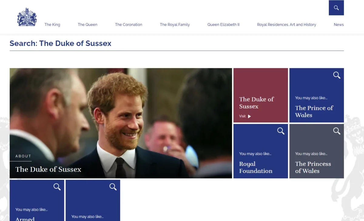 A snap of The Royal Family's official website showing that Prince Harry is now being referred to as "The Duke of Sussex"