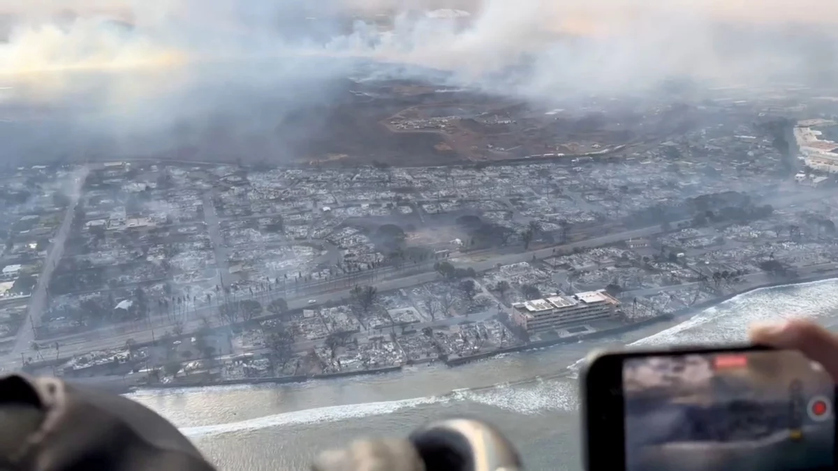 An aerial view shows damage along the coast of Lahaina in the aftermath of wildfires in Maui, Hawaii, on August 9, 2023 in this screen grab obtained from social media video.[Photo/CNN]