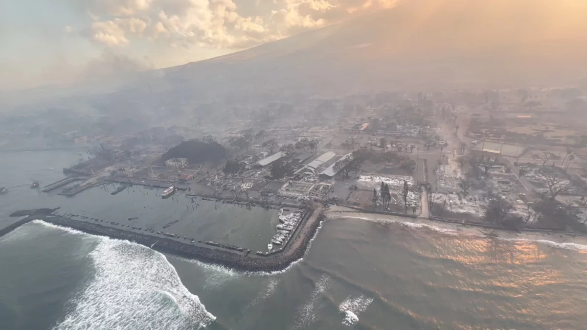 An aerial view of damaged areas amidst wildfires in Maui, Hawaii, on August 9, 2023, in this screenshot taken from a social media video.[Photo/CNN]