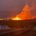 A brush fire near Kohala Ranch at the 6-7 mile marker of Akoni Pule Highway in the early morning of Aug. 8, 2023. (Photo Credit: Hawaiʻi Sen. Tim Richards)