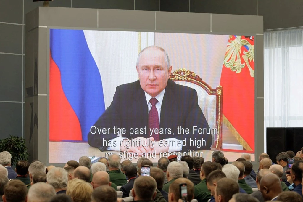 Mr Putin speaking at the Patriot Congress and Exhibition Centre in the Moscow region [Photo/CNN] Russia-Ukraine