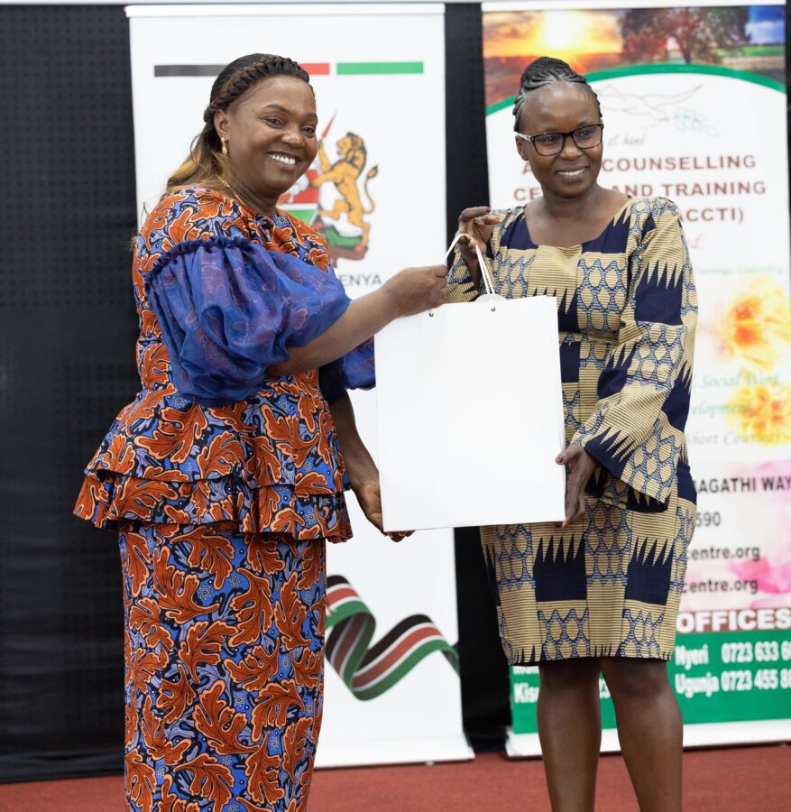 The spouse of the Deputy President Pastor Dorcas Rigathi receives an appreciation gift from MyAfya Africa CEO Nancy Kihara during an event dubbed 'Storytelling for Mental Health: Youth Chronicles' organised by MyAfya Africa and held at the Daystar University in Nairobi. Students from Machakos University, KEMU, Cooperative University, Tangaza, UoN, Technical University, and Catholic University attended the event. Pastor Dorcas has shared in public forums her brush with mental health while at the university to almost resulting to suicide, and the topic of mental health is a topic she speaks passionately about. (Photo/OSDP) Africa 