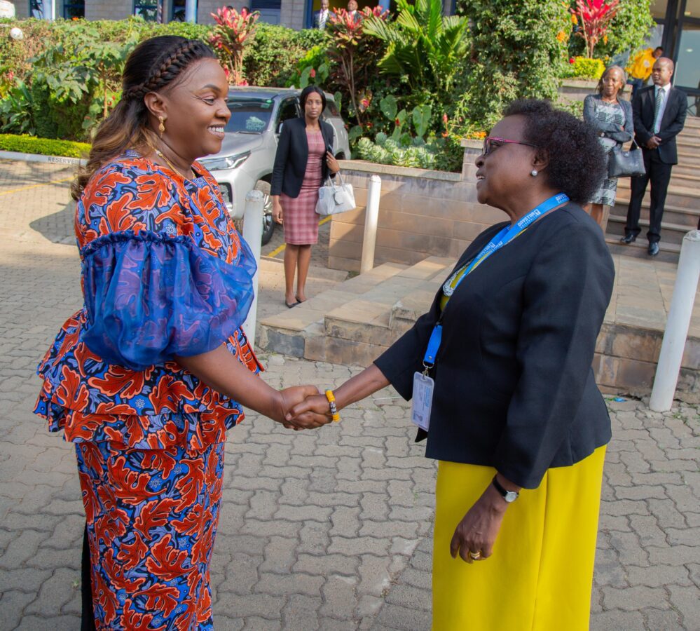 The spouse of the Deputy President Pastor Dorcas Rigathi and Daystar University DVC Prof Faith Nguru when she arrived at the institution for the mental health forum. PHOTO/OSDP 