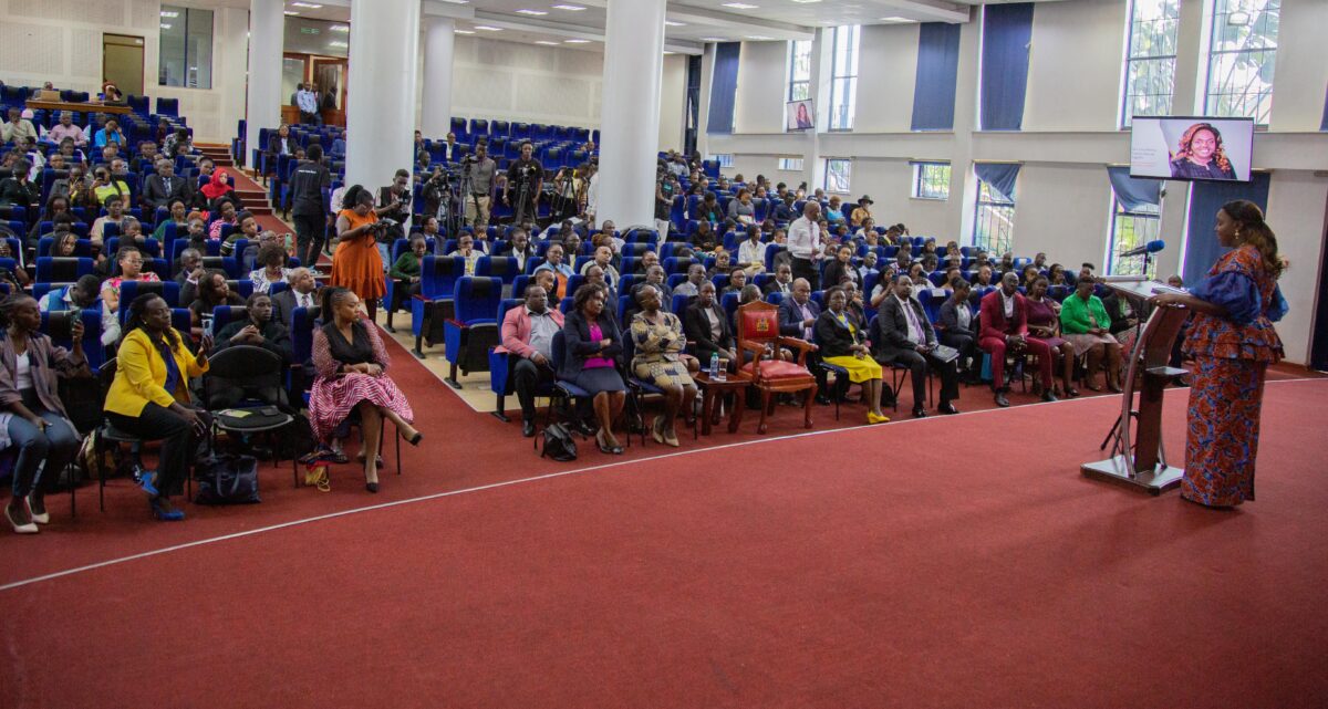 The spouse of the Deputy President Pastor Dorcas Rigathi speaks to students from eight colleges and universities on mental health. PHOTO/OSDP