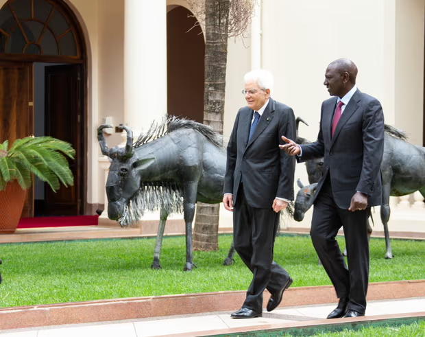 Ruto with Italian president, Sergio Mattarella, at State House in Nairobi during a state visit. [Photo/Courtesy of PCS]