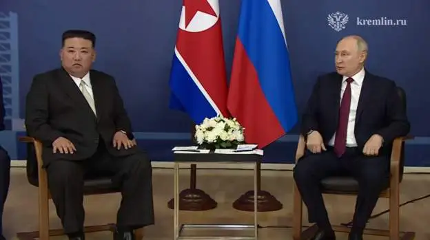 Kim and Putin holding talks at the Vostochny Cosmodrome. [Photo/KREMLIN] North Korea