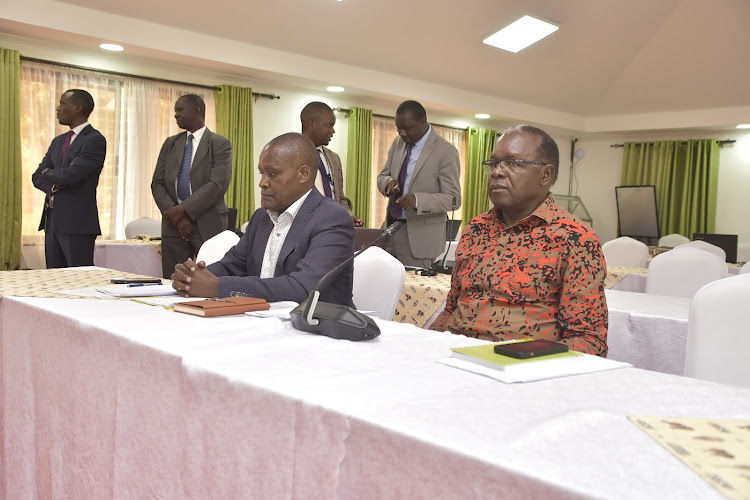 Immediate former IEBC commissioners Justus Nyang'aya and Francis wanderi give their views during a meeting with the National Dialogue Committee at the Bomas of Kenya on September 26, 2023. [Photo/Courtesy]