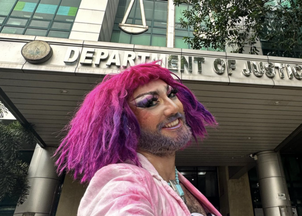 Drag queen Pura Luka Vera outside the Department of Justice in Philippines where her court case hearing on blasphemy took place. 