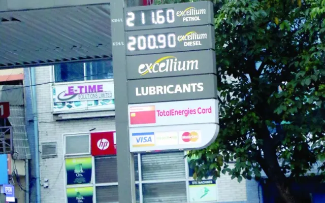 A petrol station price sign board showing the latest fuel prices. PHOTO/Kenna Claude
