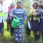 The Spouse of the Deputy President Pastor Dorcas Rigathi leads a tree planting exercise at the Bomet University Colleg grounds on November 24, 2023.