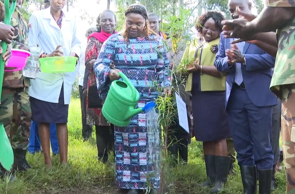 The Spouse of the Deputy President Pastor Dorcas Rigathi leads a tree planting exercise at the Bomet University Colleg grounds on November 24, 2023.