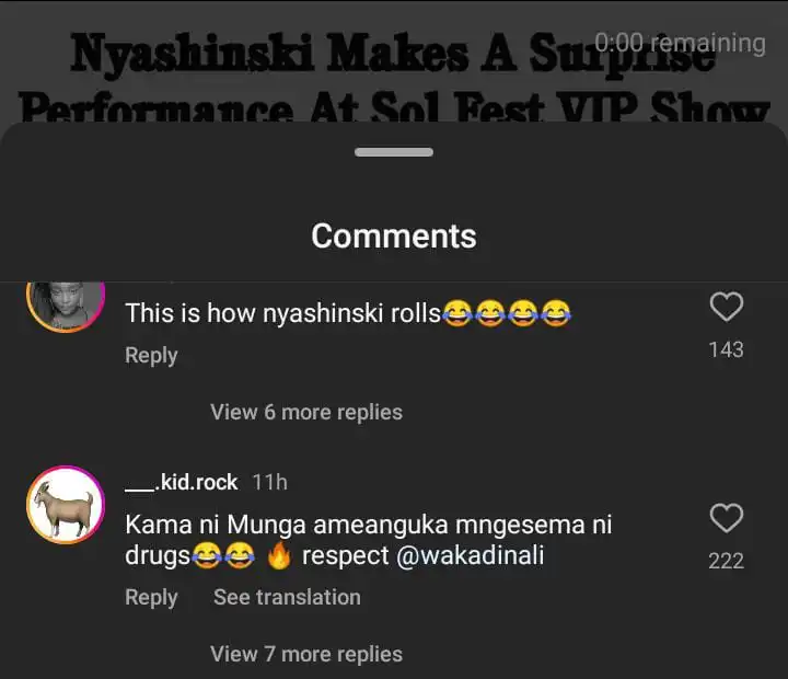 A screenshot of a comments section under Nyashinski 's viral video performing at Sol Fest VIP Show.