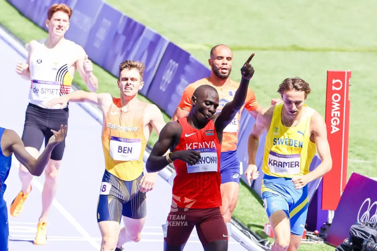 Kenya's Emmanuel Wanyonyi celebrates as he crosses the finish line in Heat 3 of the men's 800m. PHOTO/TEAM KENYA