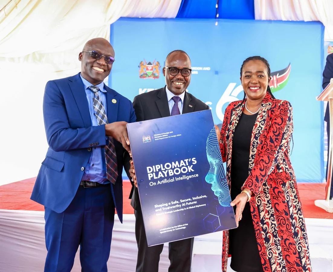 
Defence CS, Soipan Tuya (far right) officiates the launch of the Diplomat's Playbook on Ai, next to her, PS Sing'oei and Amb. Thigo