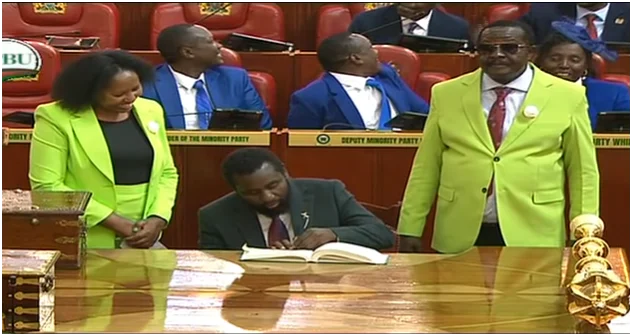 DCP leaders and supporters dressed in green party attire gather to celebrate the swearing-in of Ol Kalou MP Sammy Douglas Kamau Ngotho after his decisive by-election victory, which gave the party its first seat in Kenya's National Assembly.