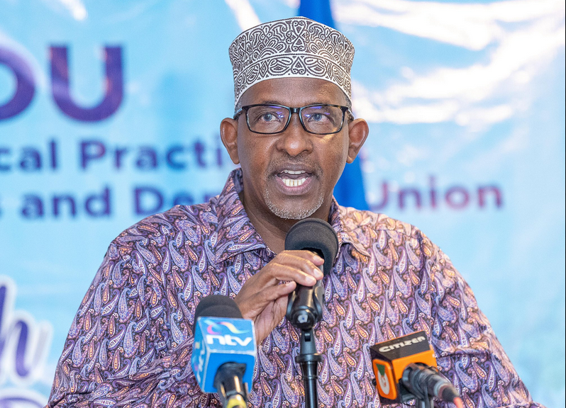 Health Cabinet Secretary Aden Duale speaking at a public event, amid Senate scrutiny over alleged remarks in a widely circulated video.