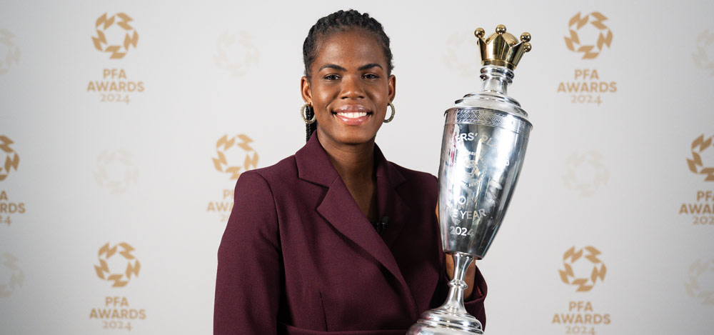 Manchester City forward Khadija Shaw celebrates after winning the PFA Women’s Player of the Year award.