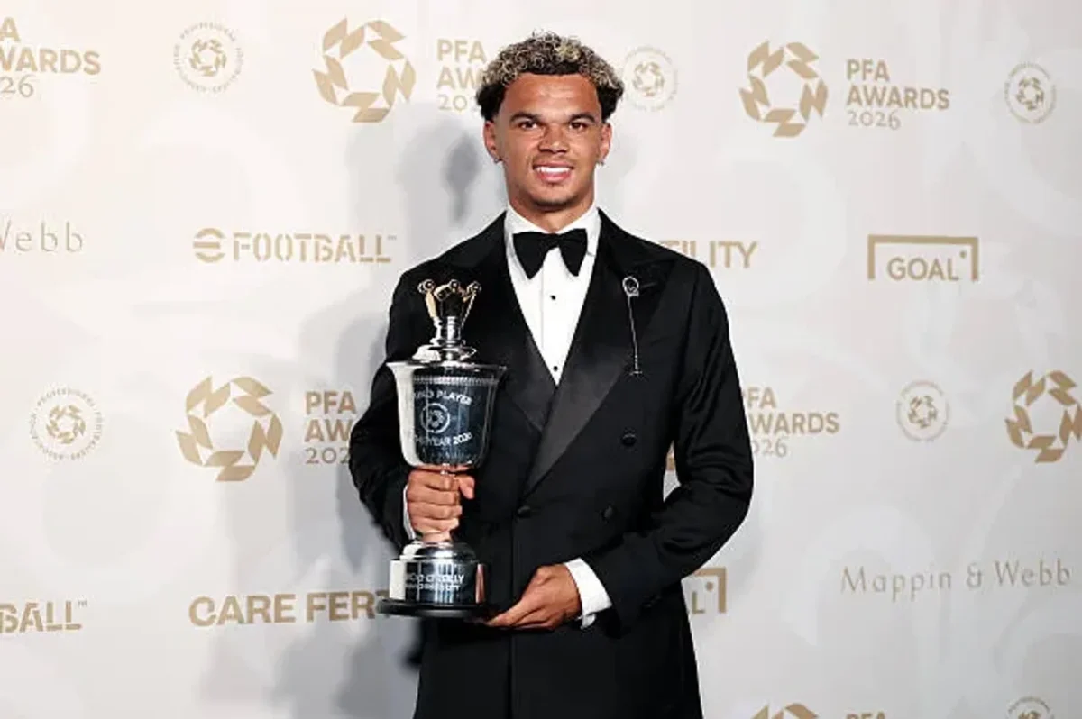 Manchester City midfielder Nico O'Reilly celebrates after winning the PFA Young Player of the Year award following a successful season.