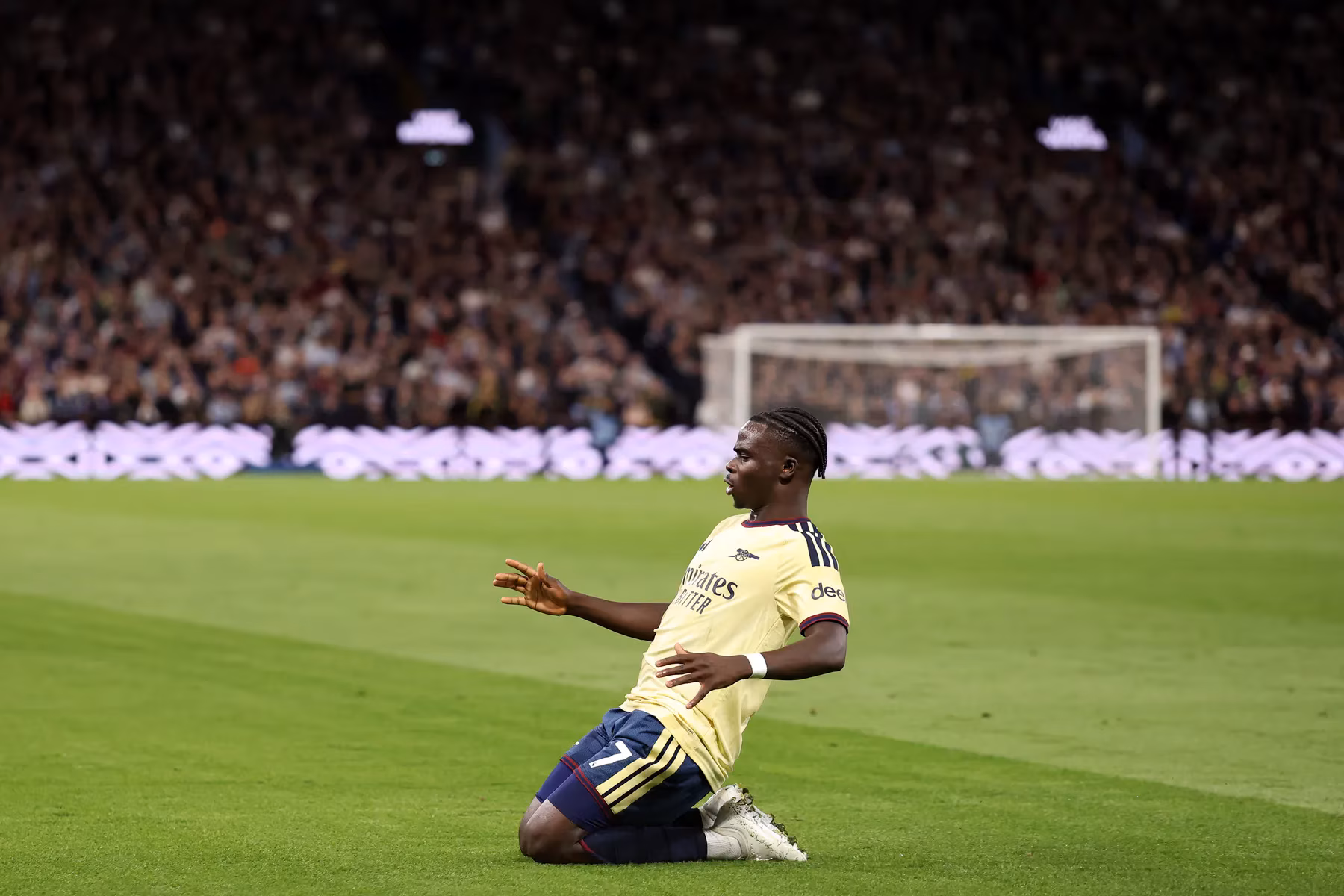 Bukayo Saka celebrates after scoring Arsenal's second-half winner in the 1-0 Premier League victory over Aston Villa.