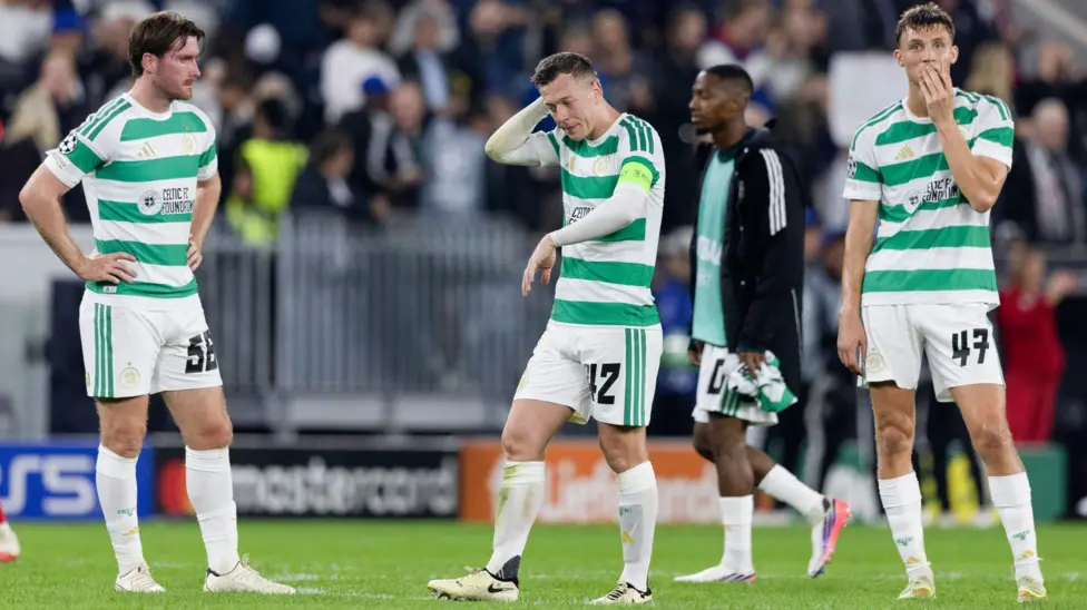 Celtic players react during their 3–1 defeat by Ferencvaros at Celtic Park.