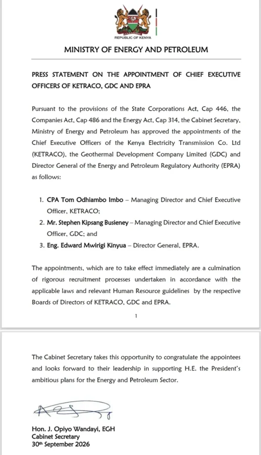 Tom Odhiambo Imbo, Stephen Kipsang Busieney and Edward Mwirigi Kinyua appointed to lead KETRACO, GDC and EPRA respectively.