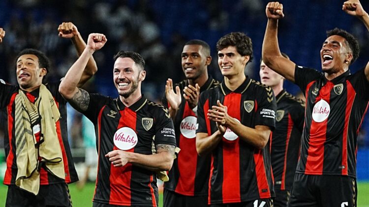 Bournemouth players celebrate their 2–1 victory over Real Sociedad in their first European match.