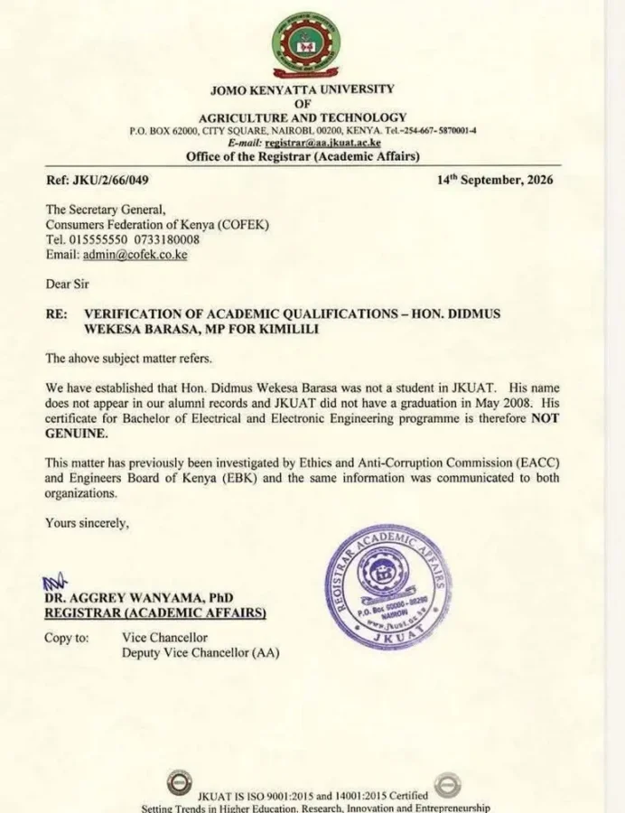 Academic certificate linked to Kimilili MP Didmus Barasa amid questions over its authenticity and his university records.