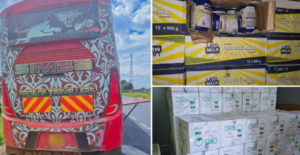 A Simba Coach bus intercepted by Kenya Revenue Authority officers after suspected smuggled goods worth KSh46.77 million were discovered in concealed compartments.