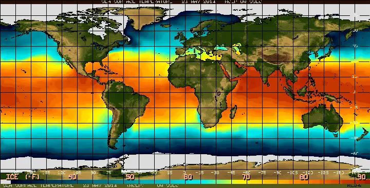 Map showing unusually warm tropical Pacific waters linked to the strengthening El Niño climate pattern.